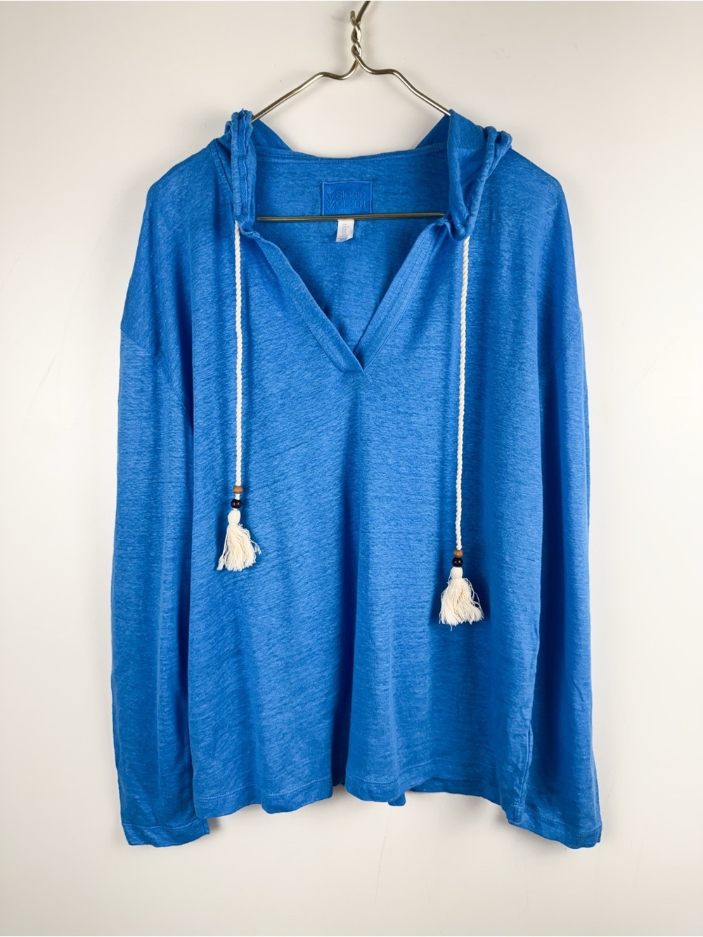 Sigrid Olsen 100% Linen Boho Tassel Hoodie XL Blue Coastal Grandmother Beach
